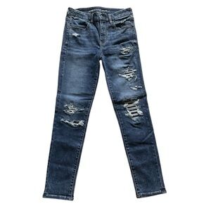 American Eagle Jeans High Rise Jegging Crop Blue Denim Distressed Size 6 Long